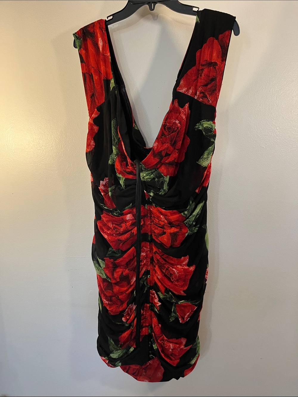 Forever 21 Black Dress with Red Rose Print - Backless Draped Evening Dress